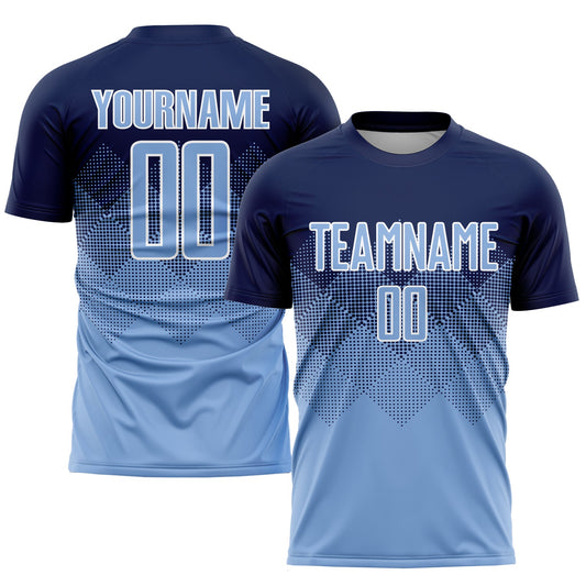 Camiseta de fútbol personalizada de sublimación azul marino y blanco