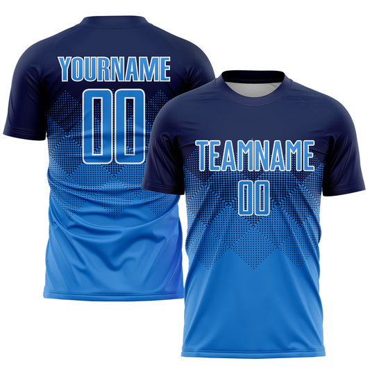 Camiseta de fútbol personalizada con sublimación en azul marino y blanco
