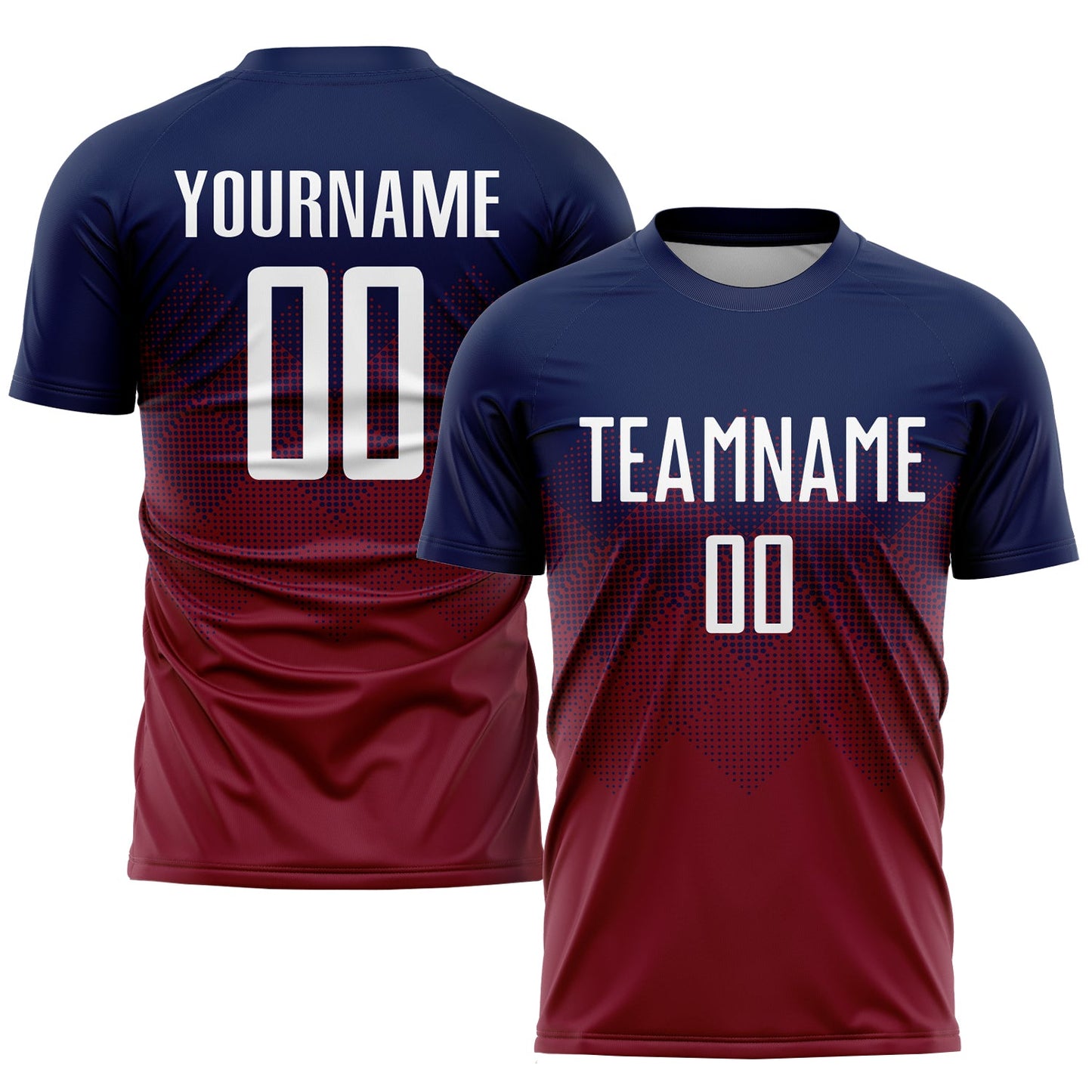 Camiseta de fútbol personalizada con sublimación en blanco y carmesí azul marino