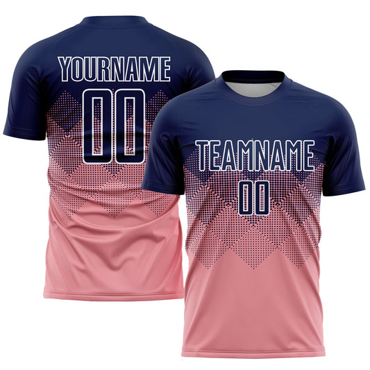 Camiseta de fútbol personalizada de sublimación, color rosa, azul marino y blanco.