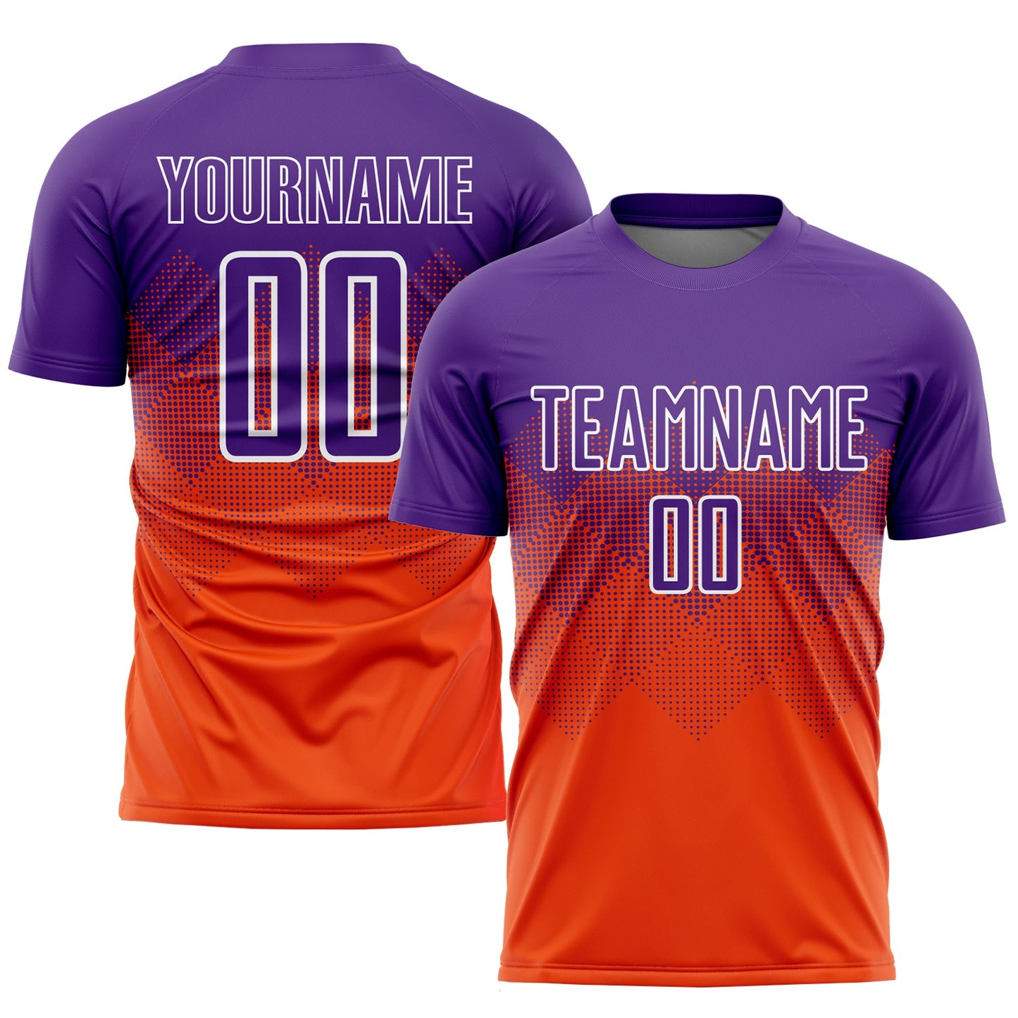 Camiseta de fútbol personalizada con sublimación naranja, morado y blanco