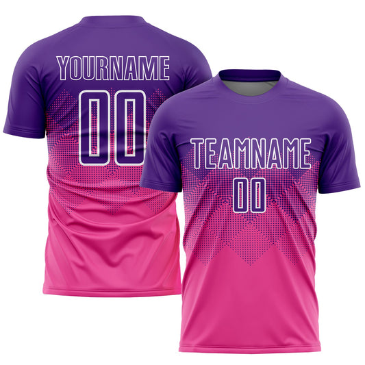 Camiseta de fútbol personalizada con sublimación en rosa, morado y blanco