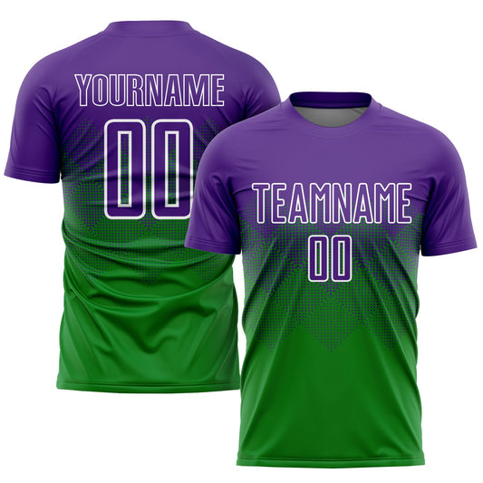 Camiseta de fútbol personalizada de sublimación, verde hierba, morado y blanco