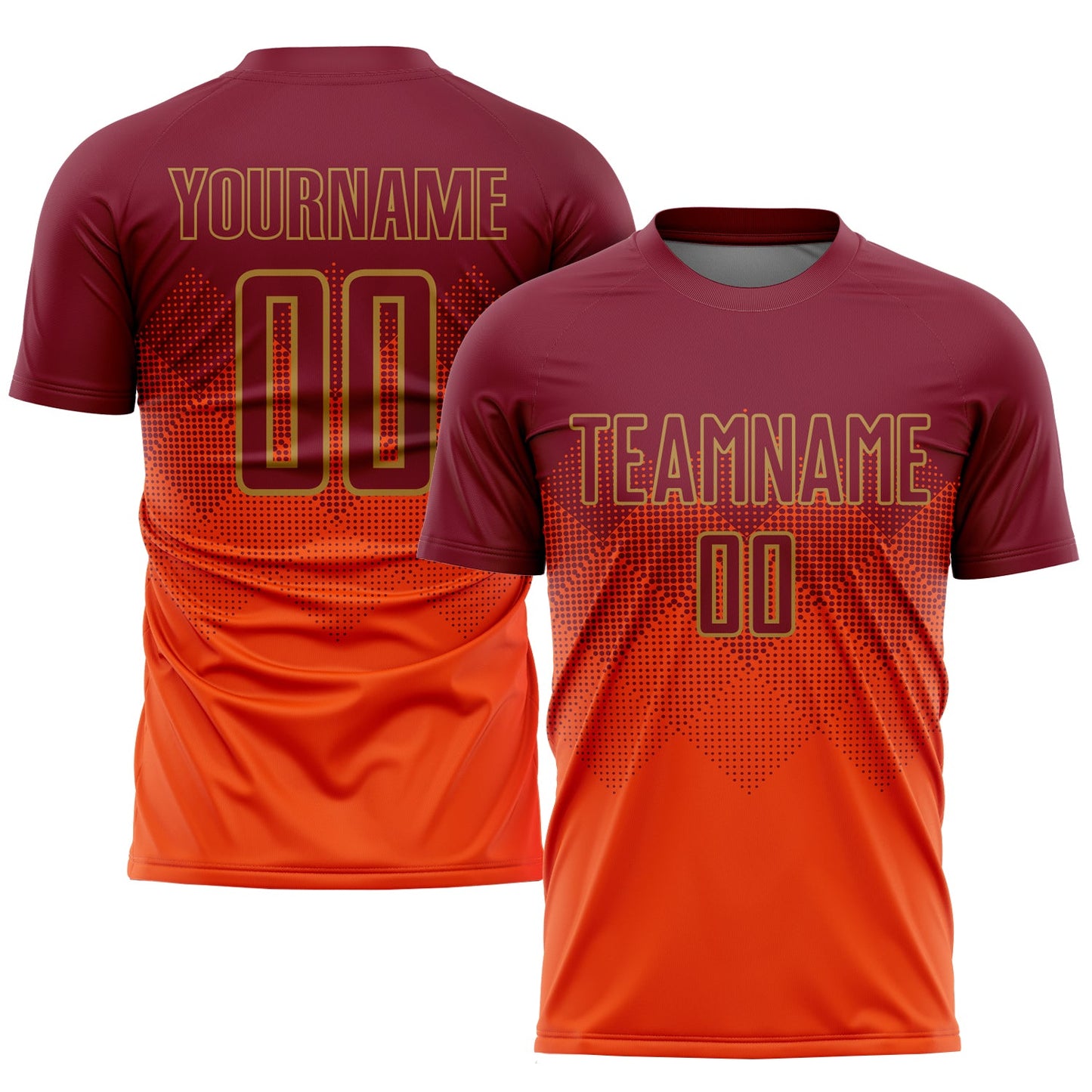 Camiseta de fútbol personalizada con sublimación naranja carmesí y oro viejo