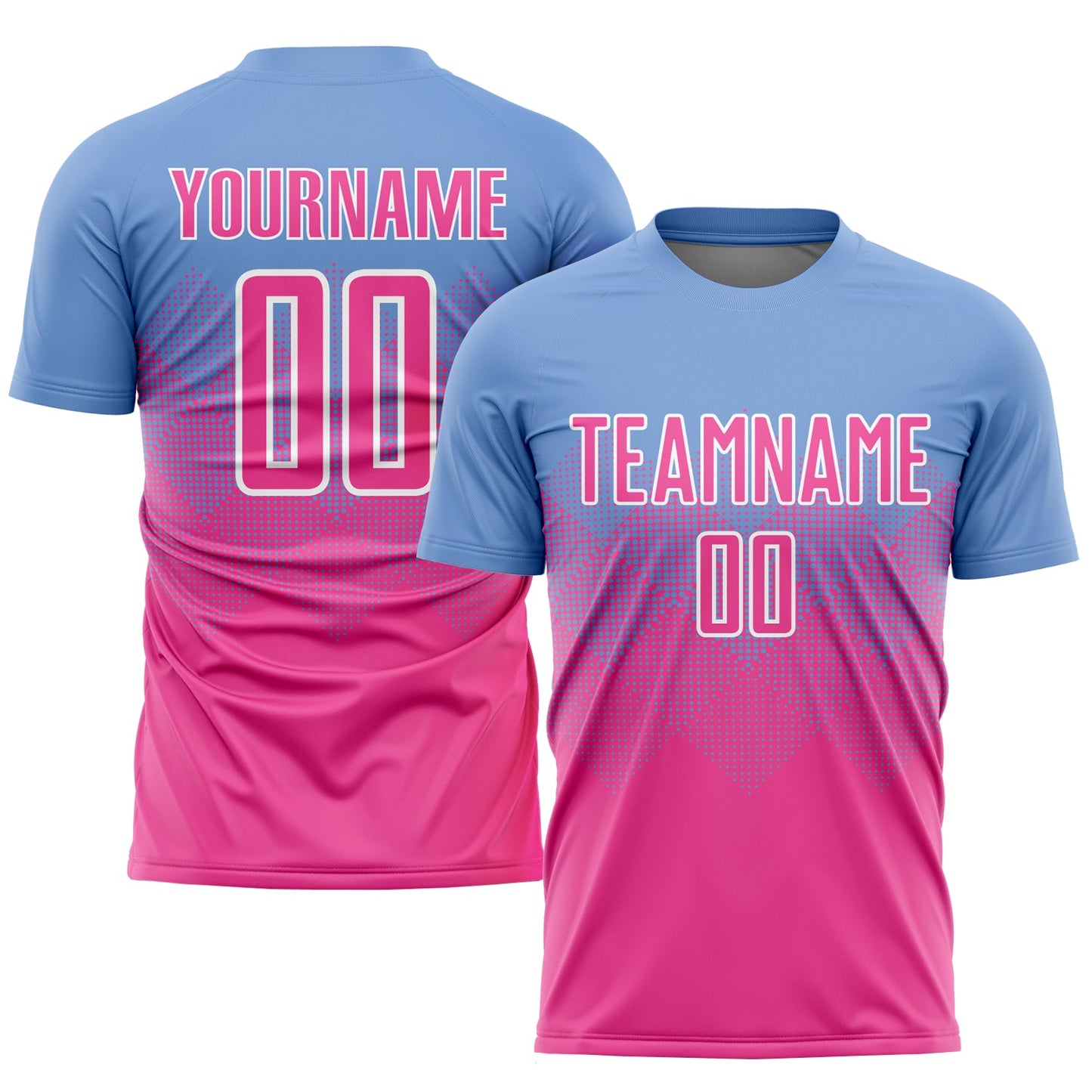 Camiseta de fútbol personalizada con sublimación en azul claro, rosa y blanco