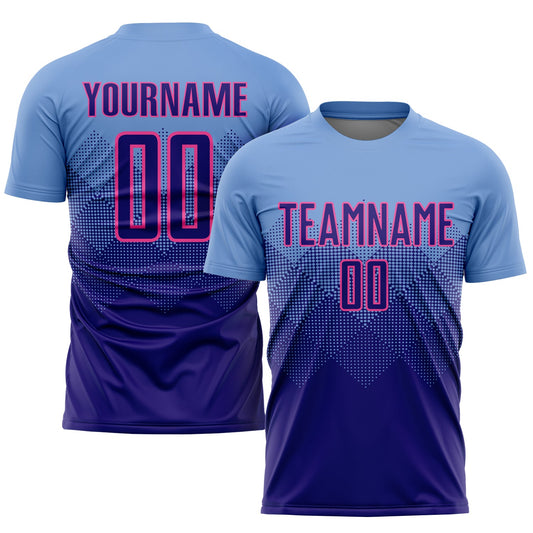 Camiseta de fútbol personalizada con sublimación en azul claro, morado oscuro y rosa