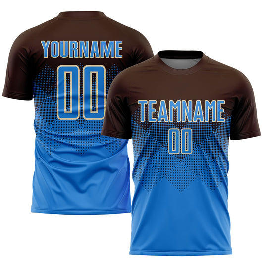 Camiseta de fútbol personalizada con sublimación en marrón, azul claro y crema