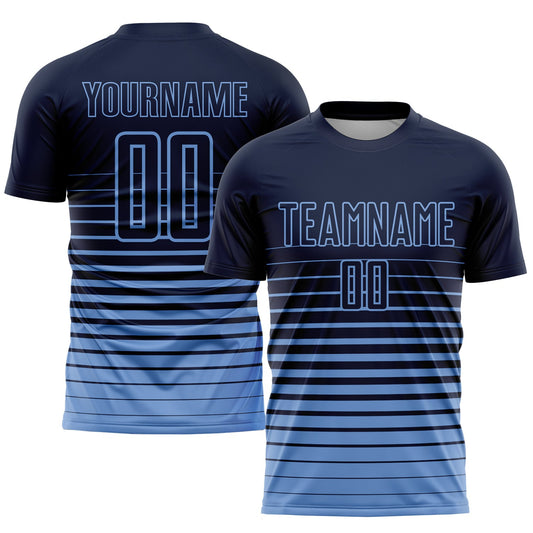 Camiseta de fútbol personalizada de sublimación con raya diplomática azul marino claro y degradado