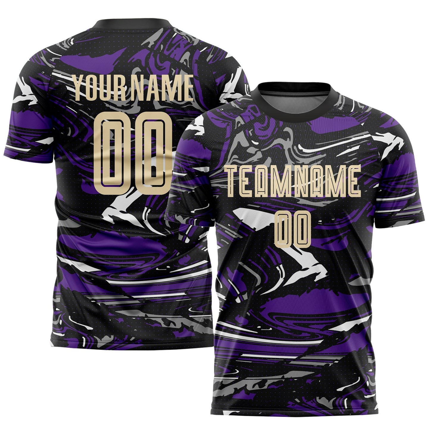Camiseta de fútbol personalizada con sublimación en crema y morado de la Ciudad de las Figuras