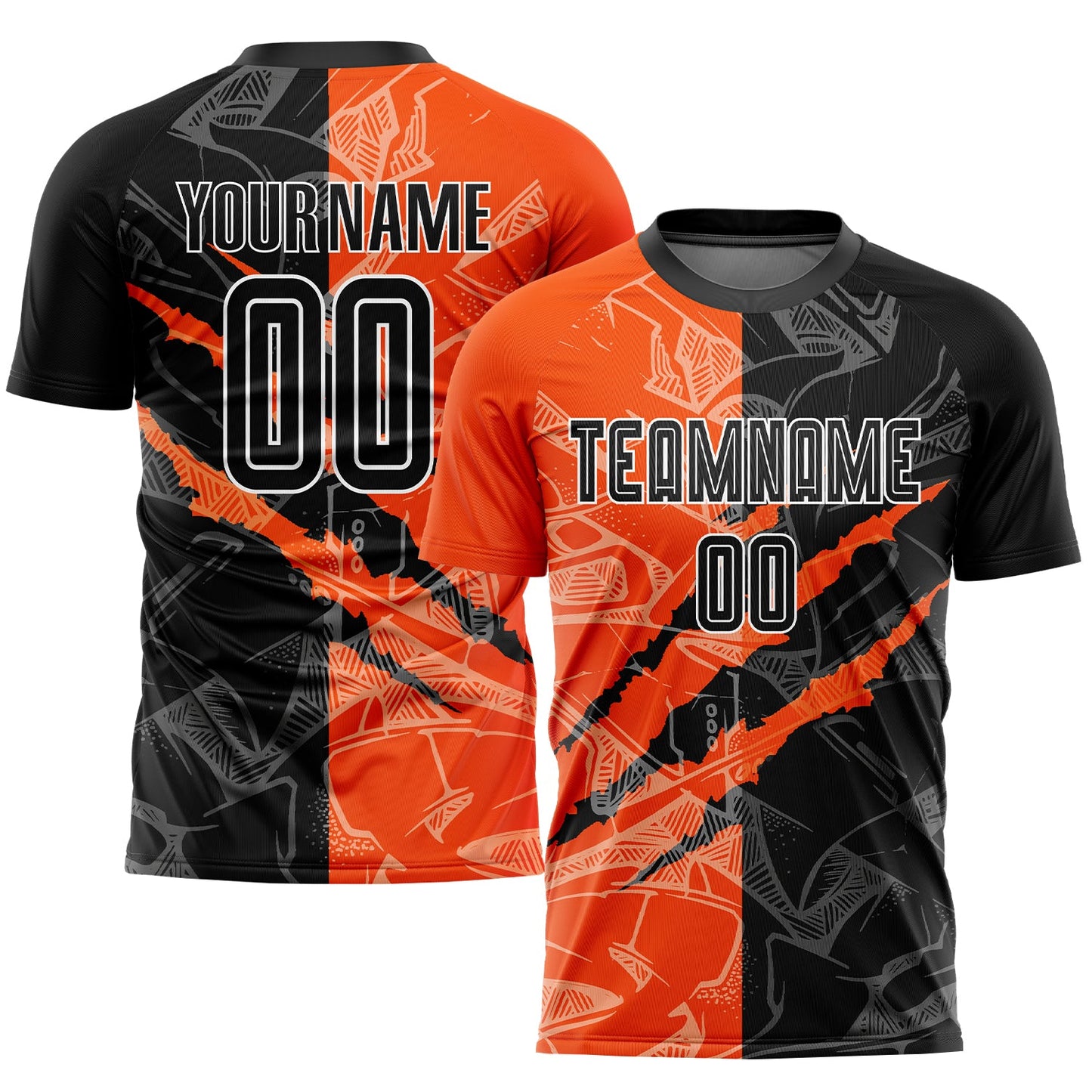 Camiseta de fútbol personalizada con estampado de grafiti, color negro y naranja, para rascar por sublimación