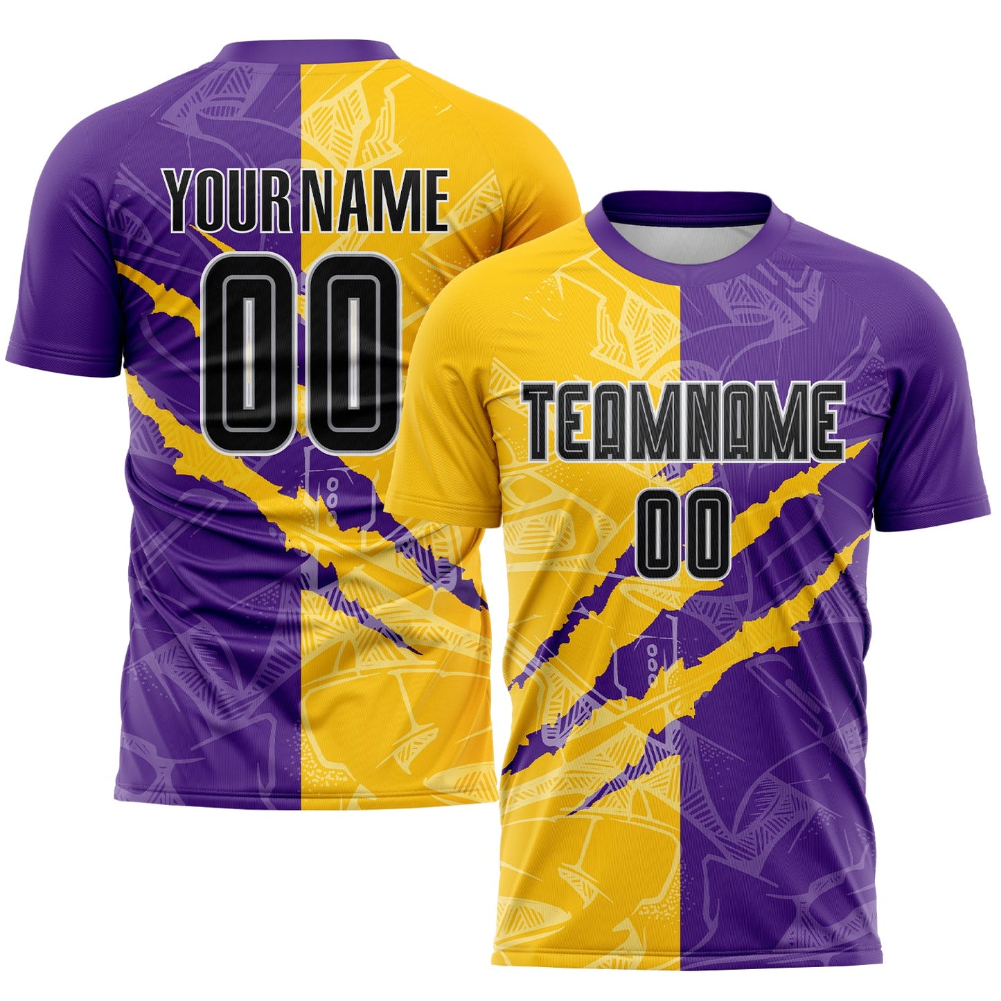 Camiseta de fútbol personalizada con estampado de grafiti, color negro, morado, amarillo y gris, para sublimación y rayado.