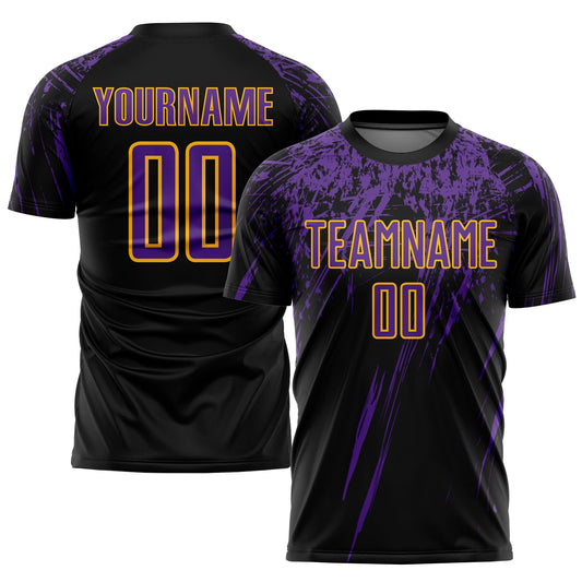 Camiseta de fútbol personalizada con sublimación en negro, morado y dorado