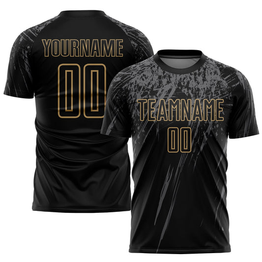 Camiseta de fútbol personalizada con sublimación en negro, dorado antiguo y gris
