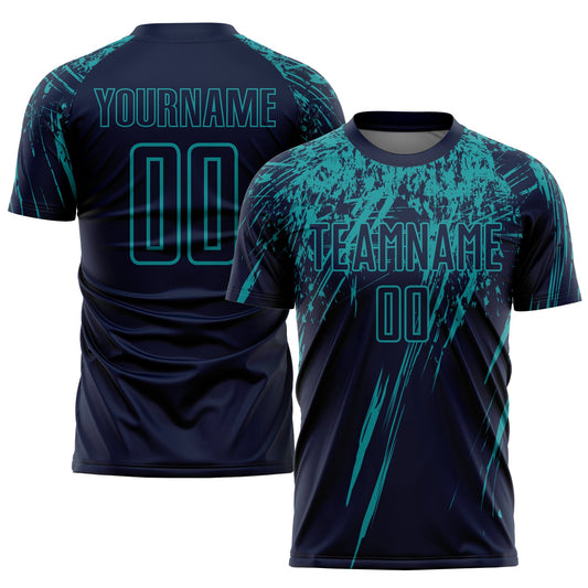 Camiseta de fútbol personalizada con sublimación en azul marino y verde azulado