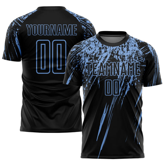 Camiseta de fútbol personalizada con sublimación en azul claro y negro