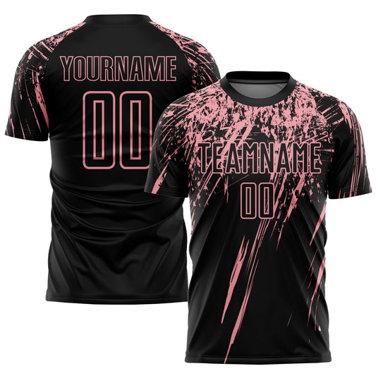 Camiseta de fútbol personalizada con sublimación en negro, rosa medio
