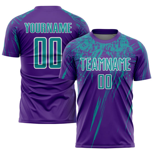 Camiseta de fútbol personalizada con sublimación en morado, verde azulado y blanco