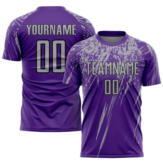 Camiseta de fútbol personalizada con sublimación en morado, gris y negro