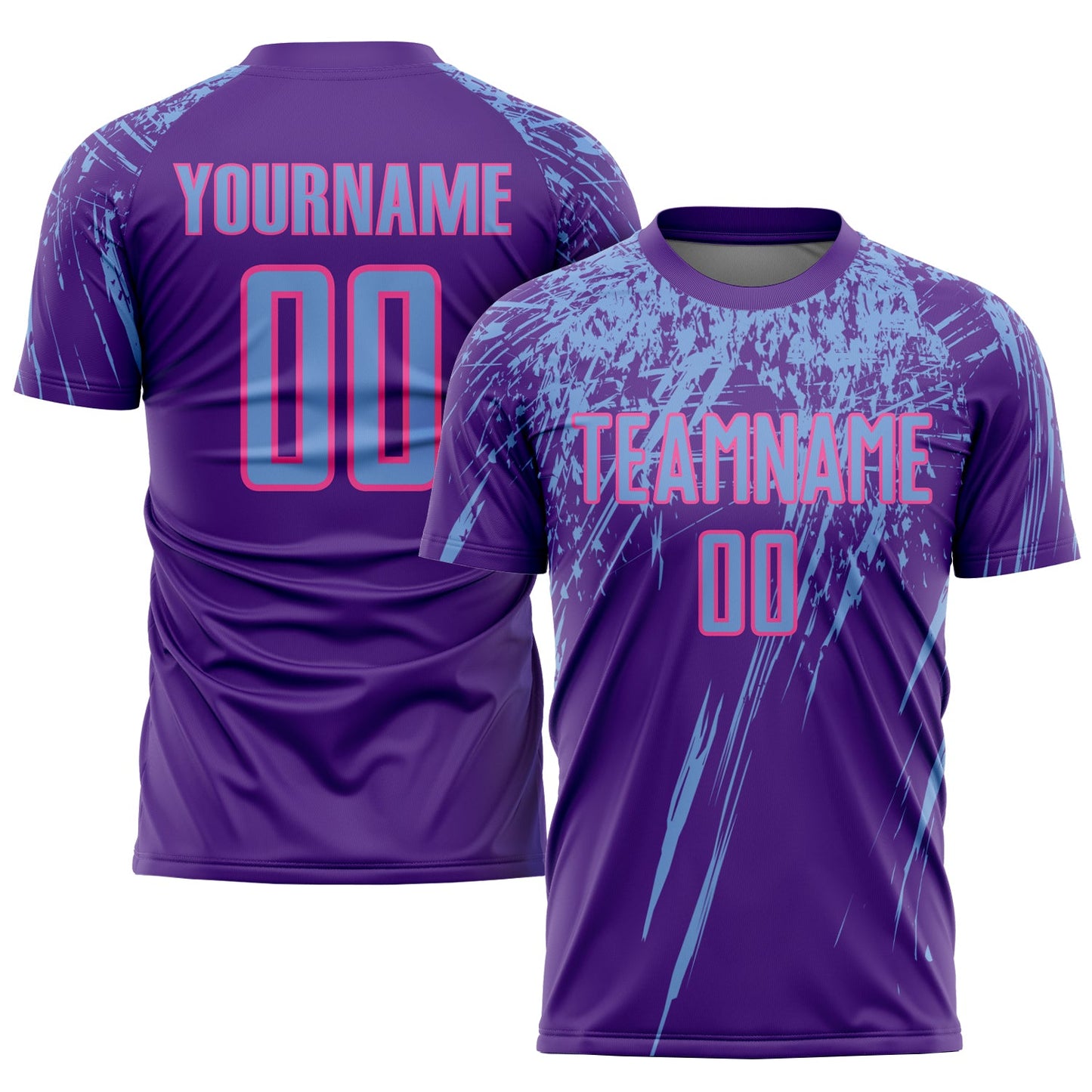 Camiseta de fútbol personalizada con sublimación en morado, azul claro y rosa