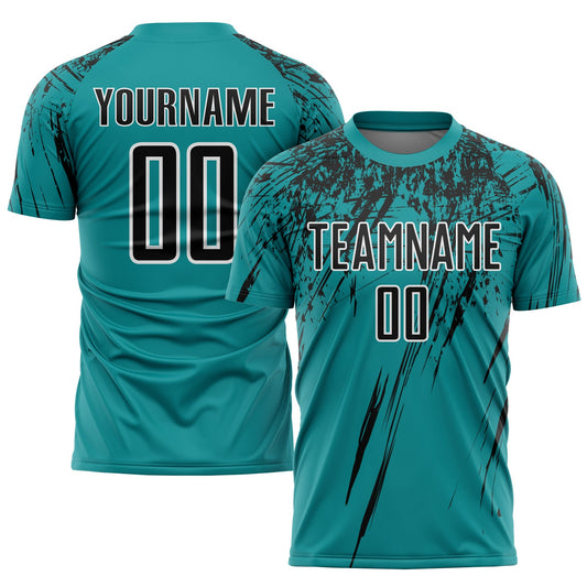 Camiseta de fútbol personalizada con sublimación en blanco y negro (verde azulado)