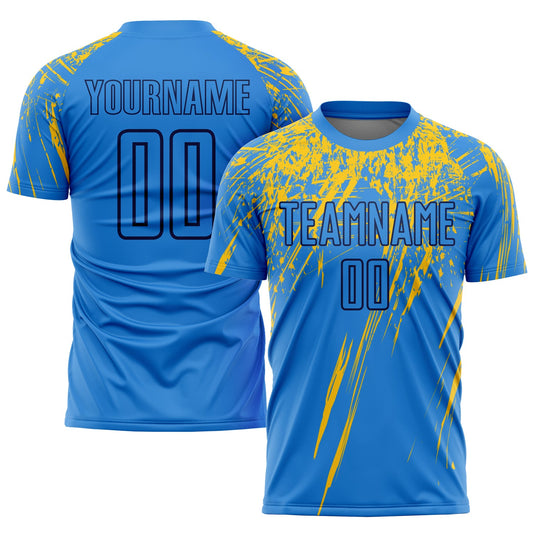 Camiseta de fútbol personalizada con sublimación en azul claro, amarillo y azul marino
