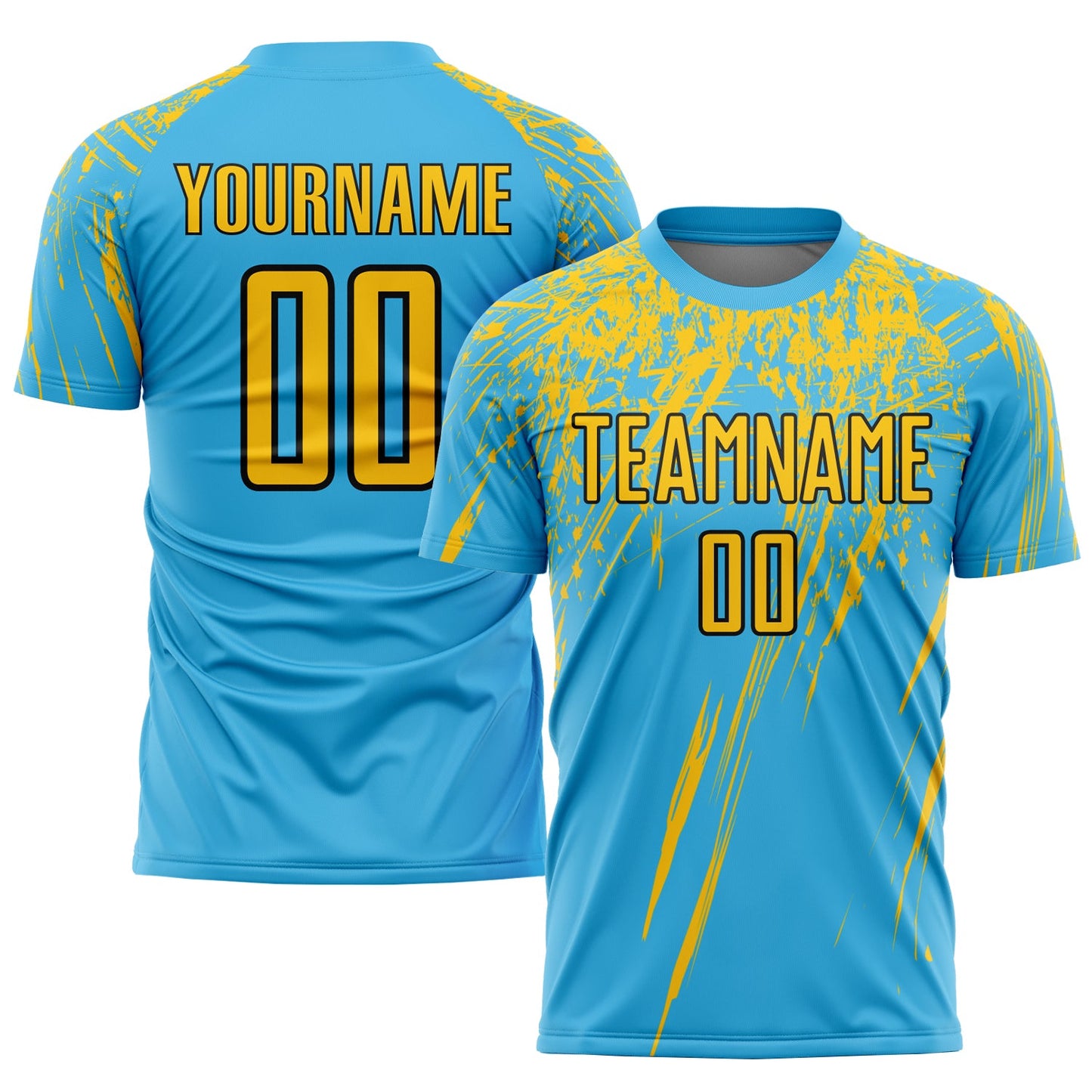 Camiseta de fútbol personalizada con sublimación en azul cielo, amarillo y negro