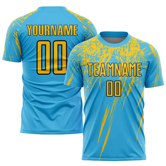 Camiseta de fútbol personalizada con sublimación en azul cielo, amarillo y negro