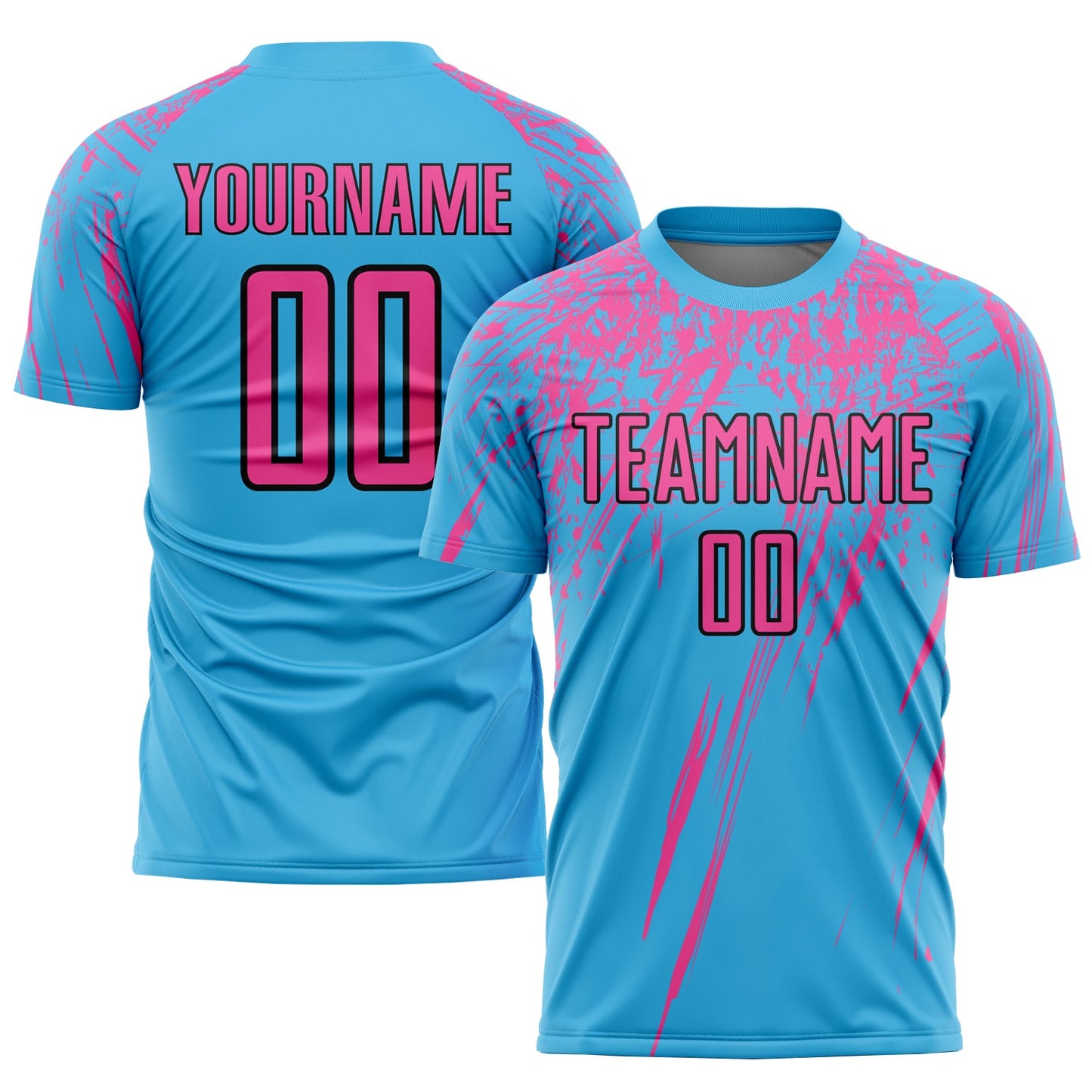 Camiseta de fútbol personalizada con sublimación en azul cielo, rosa y negro