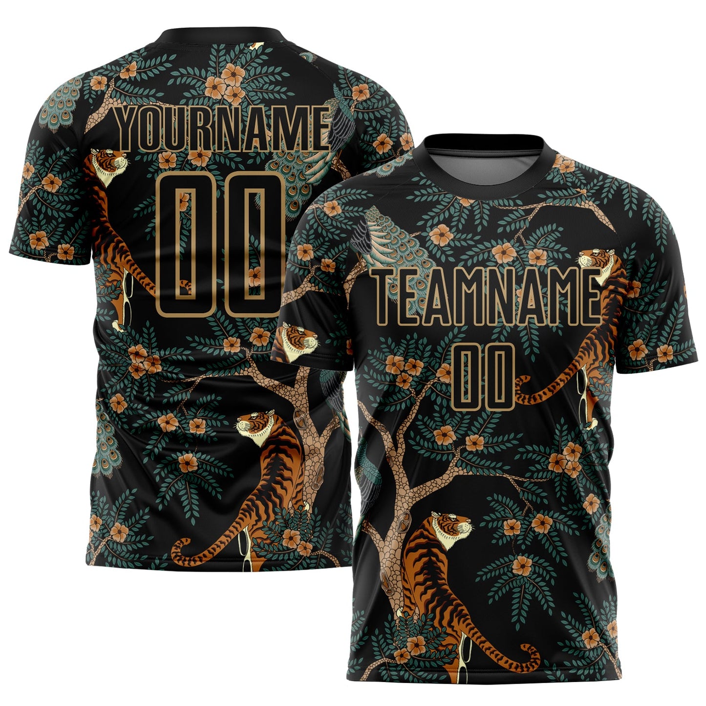 Camiseta de fútbol personalizada con sublimación de tigre y pavo real, color negro y dorado antiguo