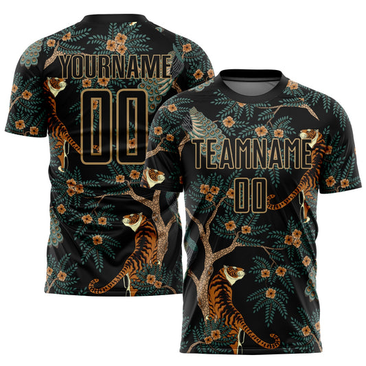 Camiseta de fútbol personalizada con sublimación de tigre y pavo real, color negro y dorado antiguo