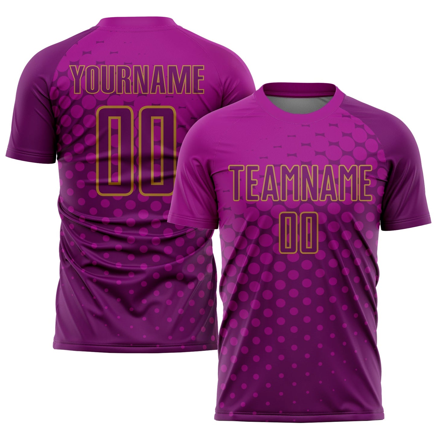 Camiseta de fútbol personalizada con sublimación en rosa intenso, morado y oro viejo