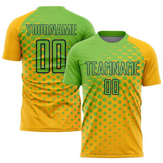 Camiseta de fútbol personalizada con sublimación en verde neón dorado y azul marino