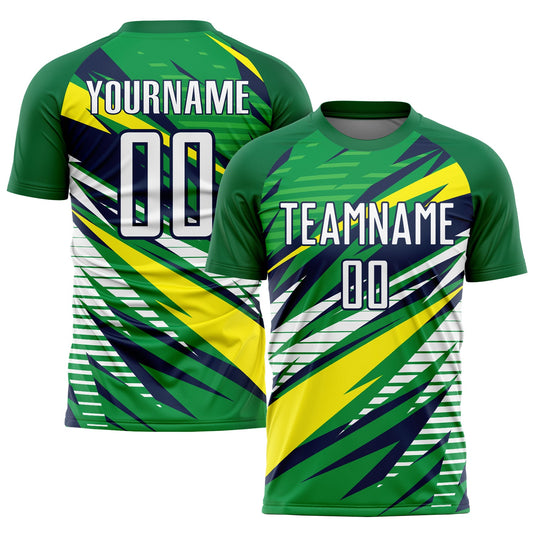 Camiseta de fútbol personalizada con sublimación en verde, blanco, amarillo y azul marino