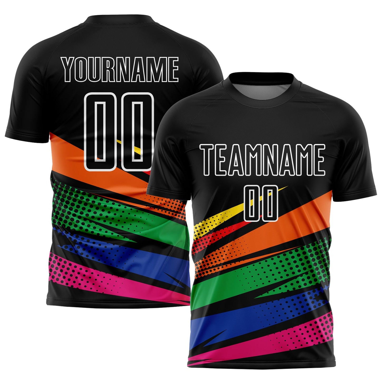 Camiseta de fútbol personalizada con sublimación en negro, naranja y verde Kelly