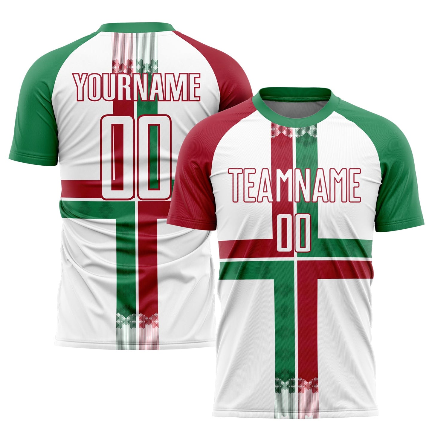Camiseta de fútbol de México personalizada, sublimada, color blanco, verde Kelly y carmesí