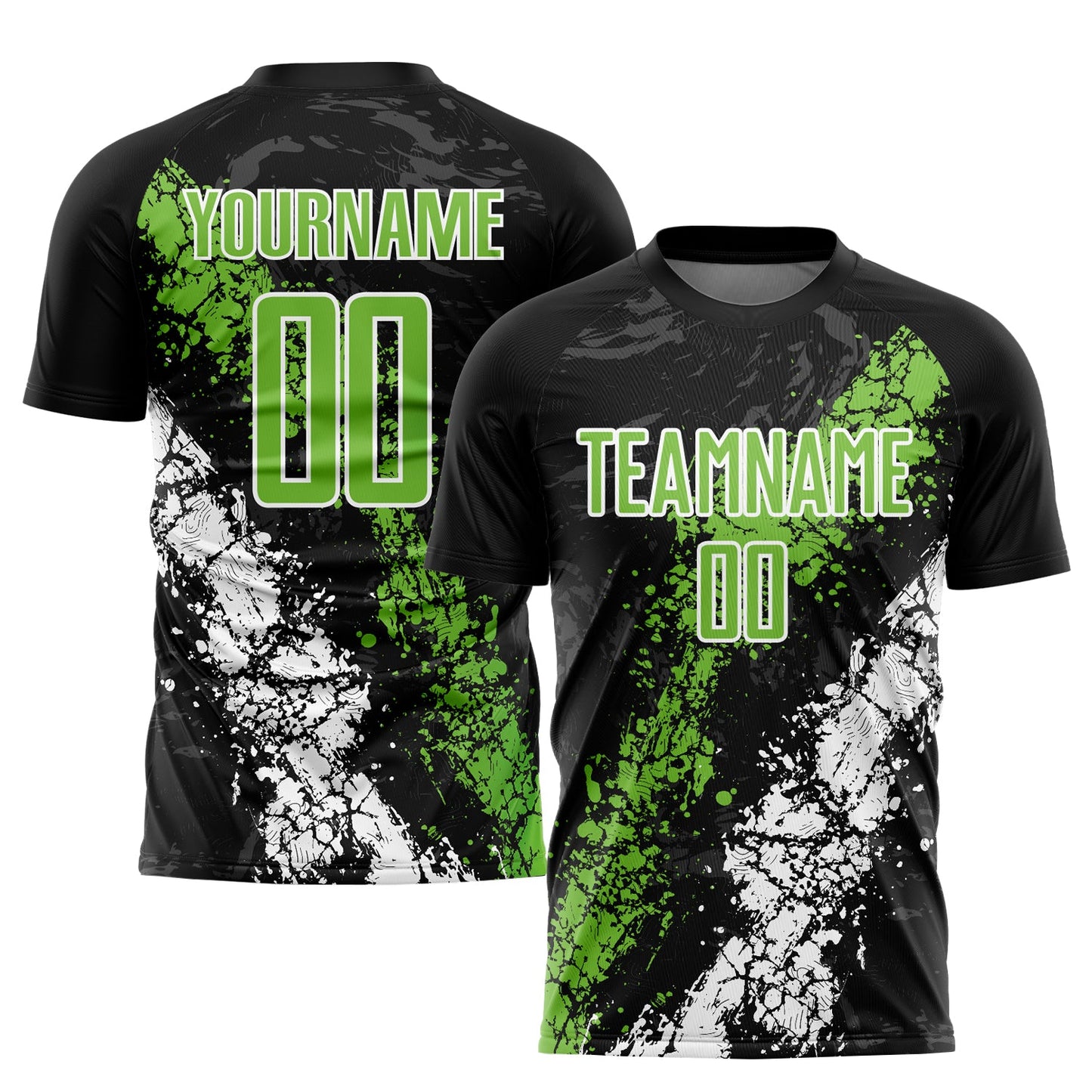 Camiseta de fútbol personalizada con sublimación en negro, verde neón y blanco
