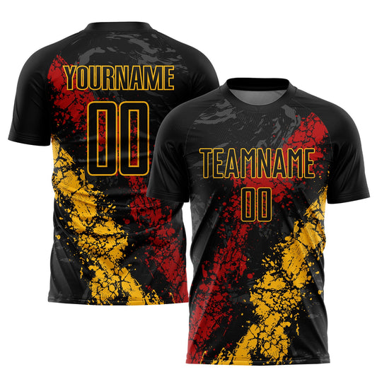Camiseta de fútbol personalizada con sublimación en negro, dorado y rojo