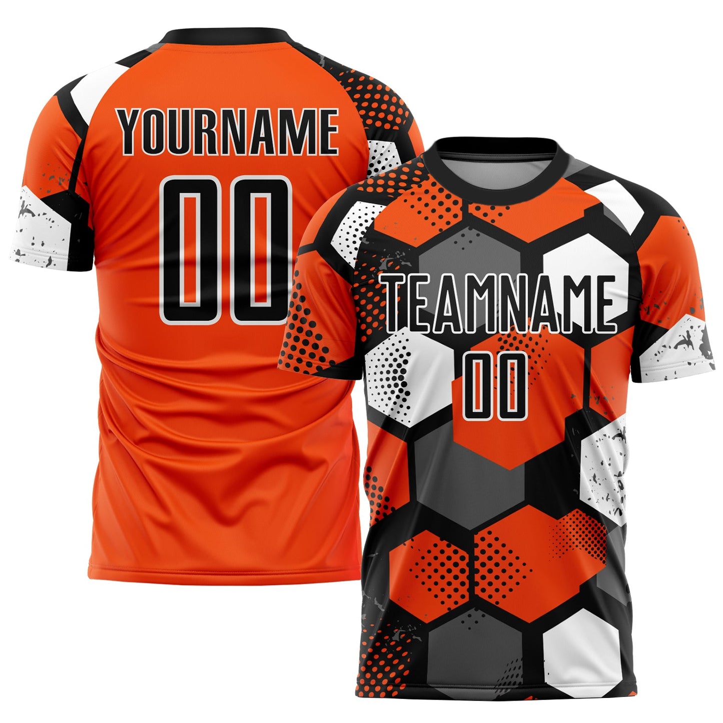 Camiseta de fútbol personalizada con sublimación en naranja, negro y blanco