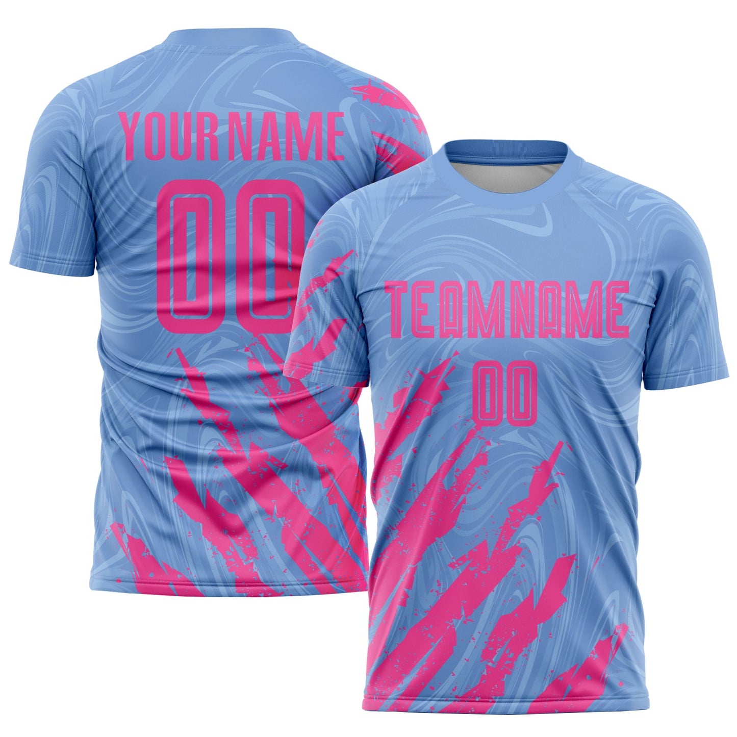 Camiseta de fútbol personalizada con sublimación en azul claro y rosa