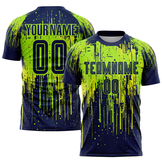 Camiseta de fútbol personalizada con sublimación en verde neón, azul marino y amarillo neón