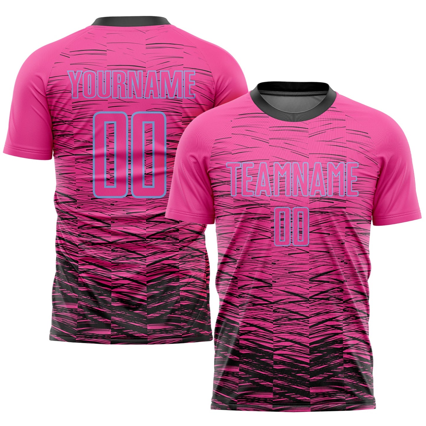 Camiseta de fútbol personalizada con sublimación en rosa, negro y azul claro