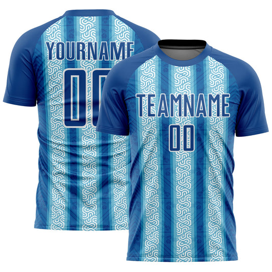 Camiseta de fútbol personalizada con sublimación de rayas étnicas azul claro y blanco