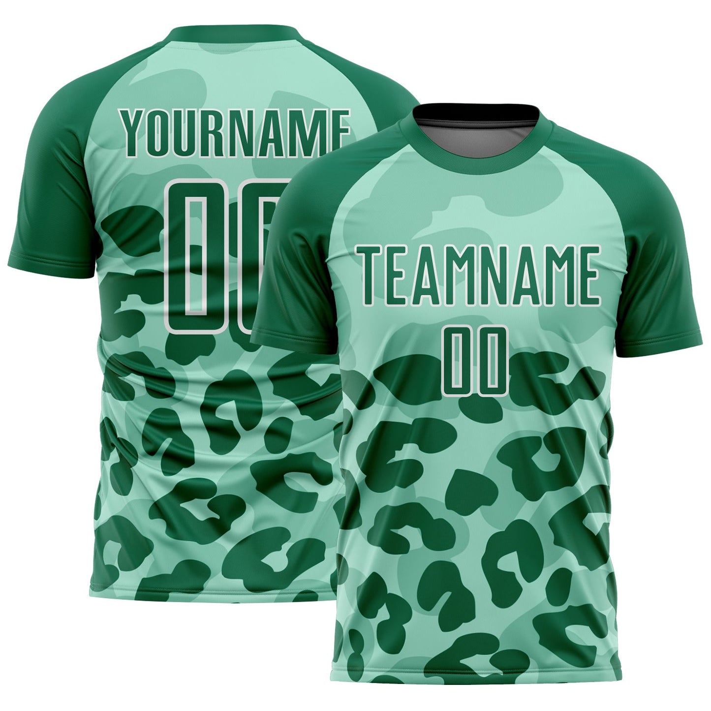 Camiseta de fútbol personalizada con estampado animal de sublimación, color verde guisante, verde Kelly y blanco