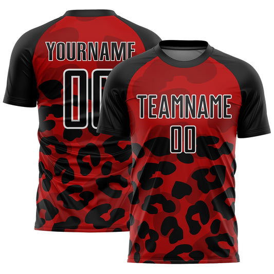Camiseta de fútbol personalizada con sublimación de estampado animal en rojo, negro y blanco