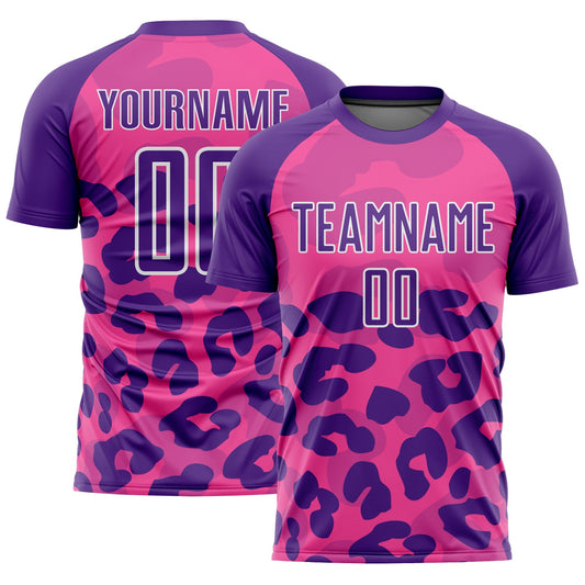 Camiseta de fútbol personalizada con sublimación de estampado animal rosa, morado y blanco