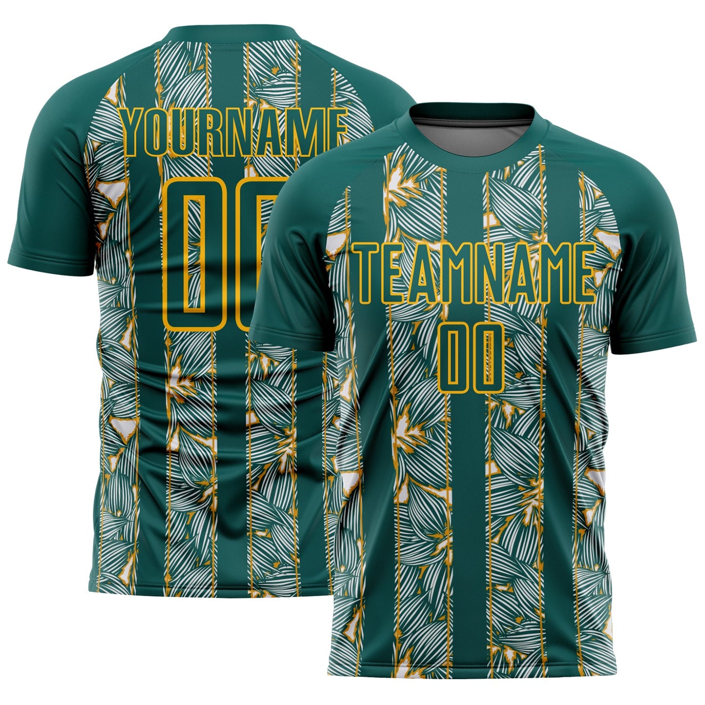 Camiseta de fútbol personalizada con sublimación de flores doradas y verde medianoche