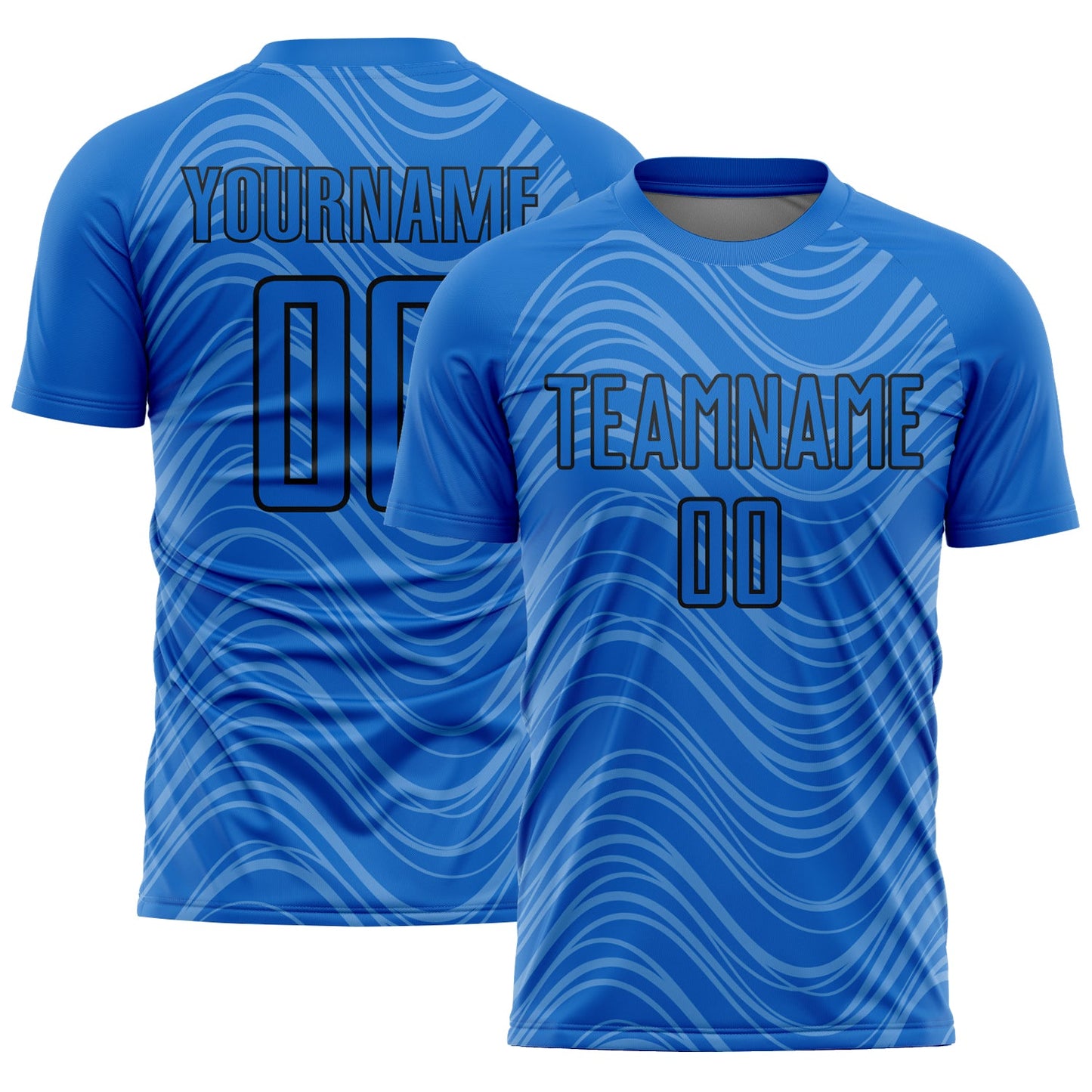 Camiseta de fútbol personalizada con sublimación de líneas onduladas en azul cielo y negro