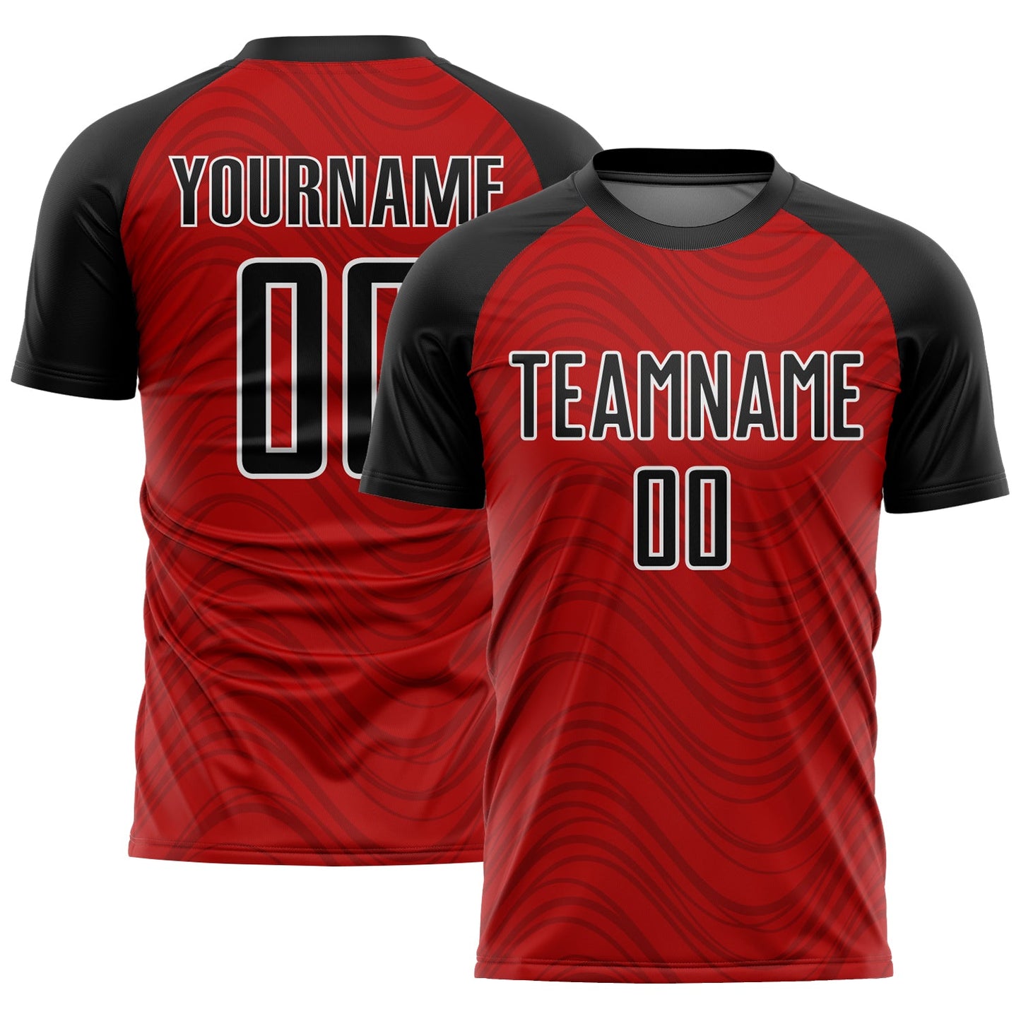 Camiseta de fútbol personalizada con sublimación de líneas onduladas en rojo, negro y blanco