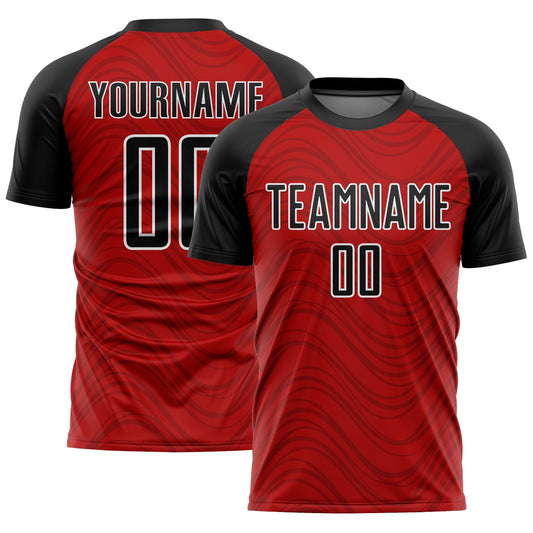Camiseta de fútbol personalizada con sublimación de líneas onduladas en rojo, negro y blanco