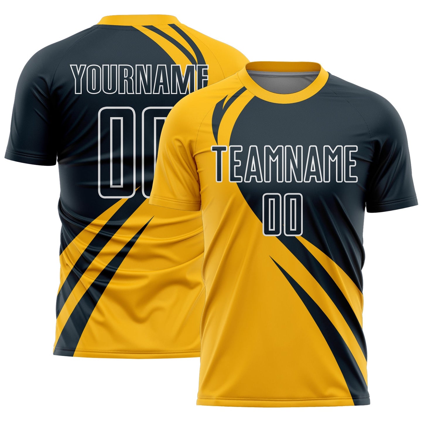 Camiseta de fútbol personalizada con sublimación de líneas curvas en dorado, azul marino y blanco